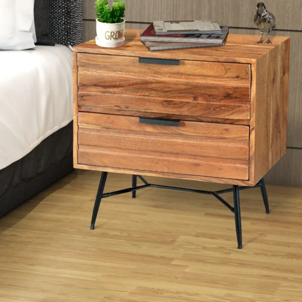 UPT-195128_7 2 Drawer Wooden Nightstand with Metal Angled Legs, Black and Brown