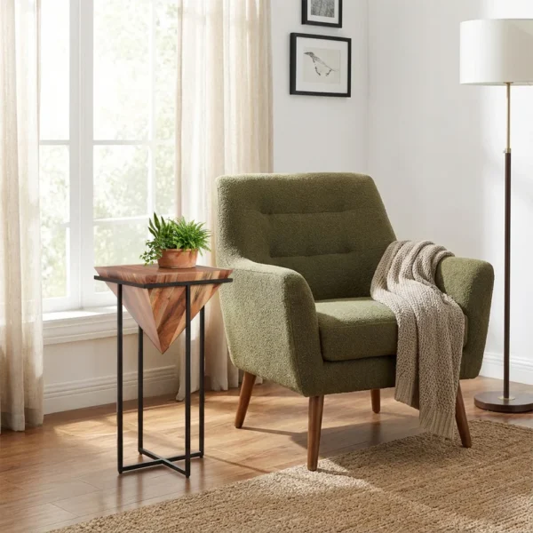 Ida 30 Inch Pyramid Shape Acacia Wood Side Table With Cross Iron Base, Brown and Black