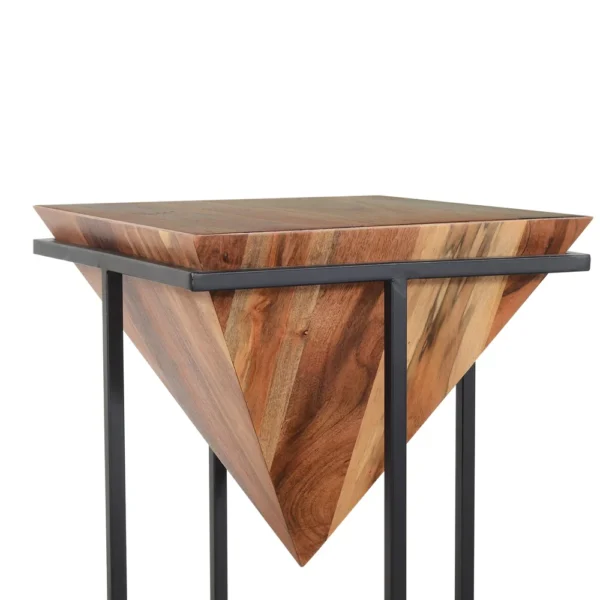 Ida 30 Inch Pyramid Shape Acacia Wood Side Table With Cross Iron Base, Brown and Black