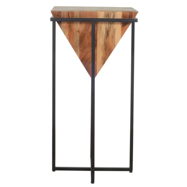 Ida 30 Inch Pyramid Shape Acacia Wood Side Table With Cross Iron Base, Brown and Black