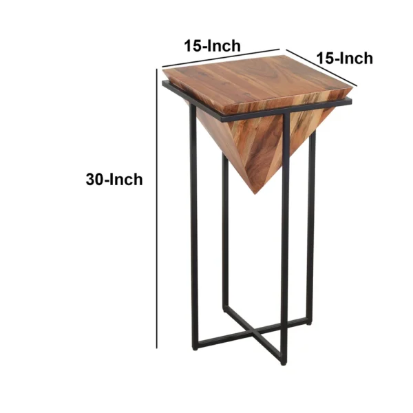 Ida 30 Inch Pyramid Shape Acacia Wood Side Table With Cross Iron Base, Brown and Black