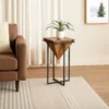 Ida 30 Inch Pyramid Shape Acacia Wood Side Table With Cross Iron Base, Brown and Black