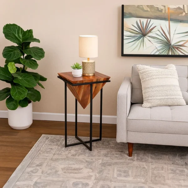 Ida 30 Inch Pyramid Shape Acacia Wood Side Table With Cross Iron Base, Brown and Black