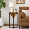Ida 30 Inch Pyramid Shape Acacia Wood Side Table With Cross Iron Base, Brown and Black