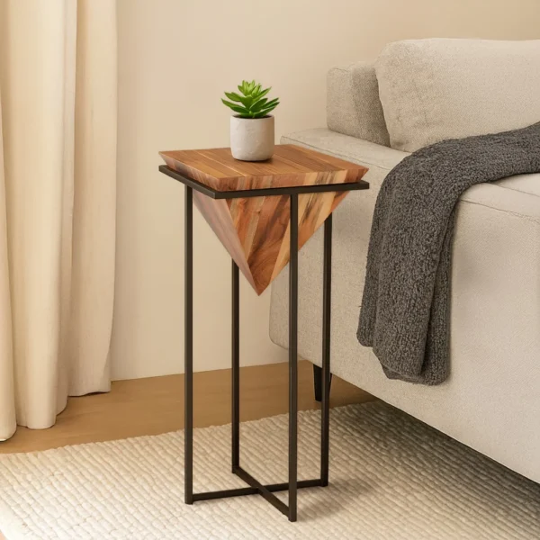 Ida 30 Inch Pyramid Shape Acacia Wood Side Table With Cross Iron Base, Brown and Black