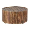 34 Inch Handmade Wooden Round Coffee Table with Plank Design, Burned Brown