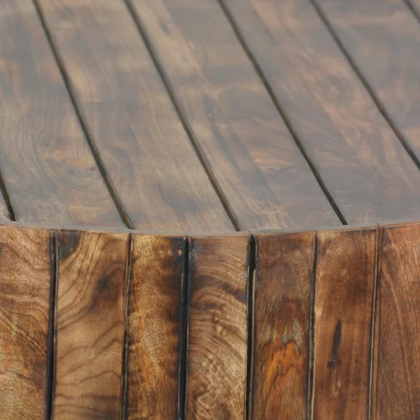 34 Inch Handmade Wooden Round Coffee Table with Plank Design, Burned Brown