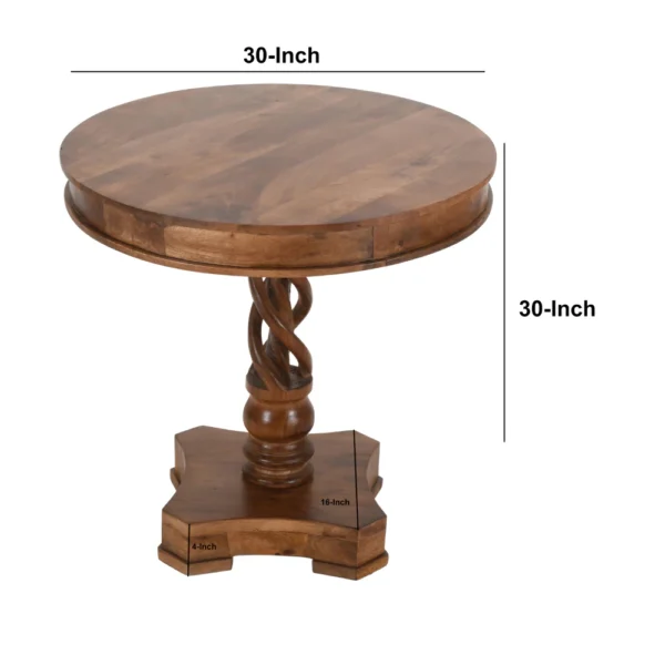 UPT-213134_7_2 30 Inch Handcrafted Round Mango Wood Dinette, Artisanal Twisted Pedestal Base, Walnut Brown