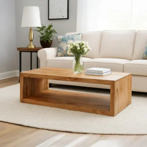 Keli 58 Inch Mango Wood Coffee Table, Open Cube, 1 Shelf, Natural Brown