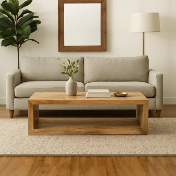 Keli 58 Inch Mango Wood Coffee Table, Open Cube, 1 Shelf, Natural Brown