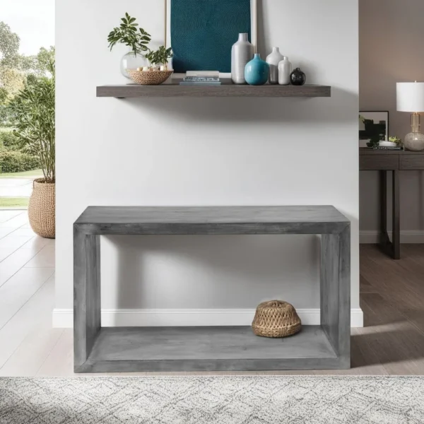 UPT-230675_8 Keli 52 Inch Cube Shape Wooden Console Table with Open Bottom Shelf, Charcoal Gray