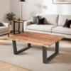 45 Inch Acacia Wood Rectangular Coffee Table, Live Edge Details, Black Powder Coated Metal Sled Base, Natural Brown