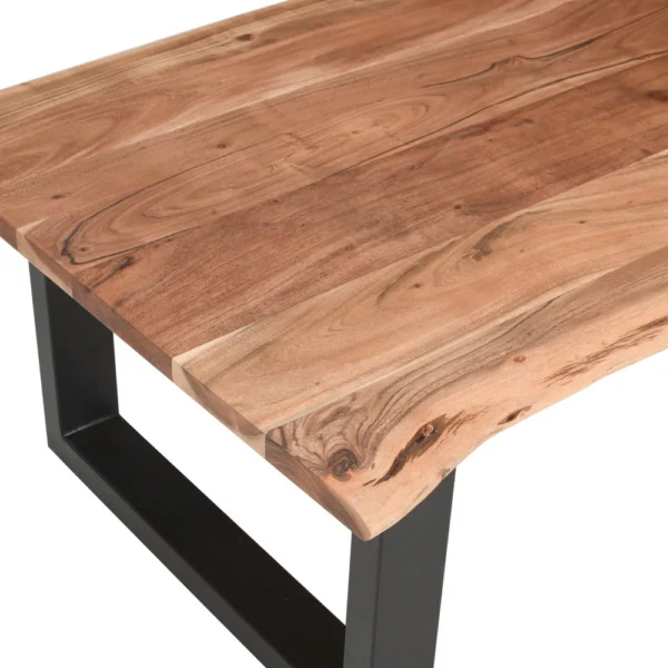 45 Inch Acacia Wood Rectangular Coffee Table, Live Edge Details, Black Powder Coated Metal Sled Base, Natural Brown