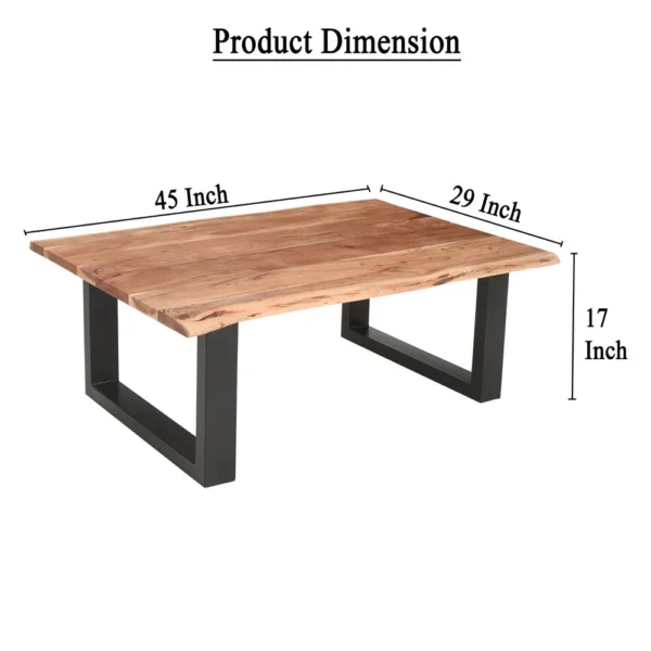45 Inch Acacia Wood Rectangular Coffee Table, Live Edge Details, Black Powder Coated Metal Sled Base, Natural Brown