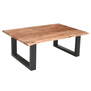 45 Inch Acacia Wood Rectangular Coffee Table, Live Edge Details, Black Powder Coated Metal Sled Base, Natural Brown