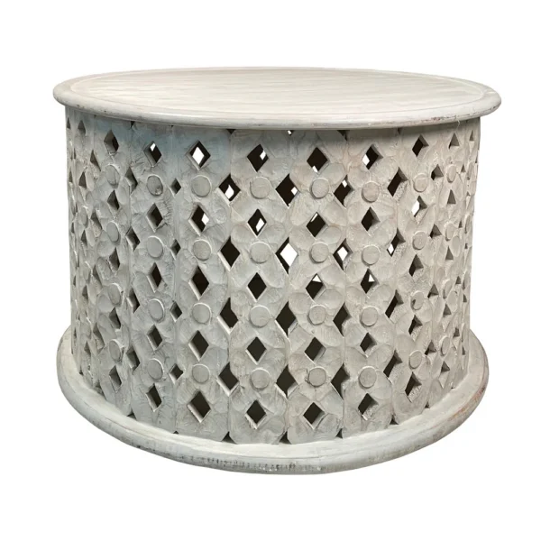 Cato 28 Inch Artisanal Round Mango Wood Coffee Table, Intricate Diamond Lattice Cut Out Frame, Washed White