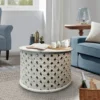 Cato 28 Inch Artisanal Round Mango Wood Coffee Table, Intricate Diamond Lattice Cut Out Frame, Washed White