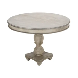 42 Inch Handcrafted Mango Wood Dining Table, Pedestal Base, Round Molded Top, Washed White, Gray