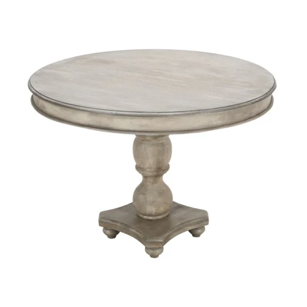 42 Inch Handcrafted Mango Wood Dining Table, Pedestal Base, Round Molded Top, Washed White, Gray