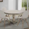 42 Inch Handcrafted Mango Wood Dining Table, Pedestal Base, Round Molded Top, Washed White, Gray