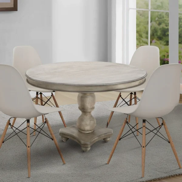 42 Inch Handcrafted Mango Wood Dining Table, Pedestal Base, Round Molded Top, Washed White, Gray