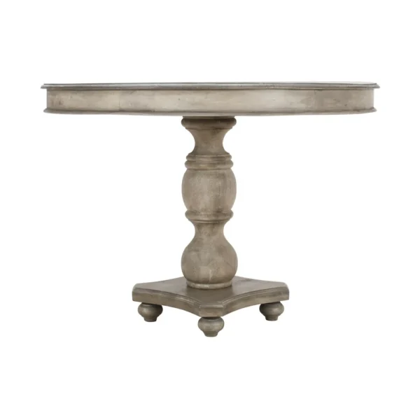 42 Inch Handcrafted Mango Wood Dining Table, Pedestal Base, Round Molded Top, Washed White, Gray