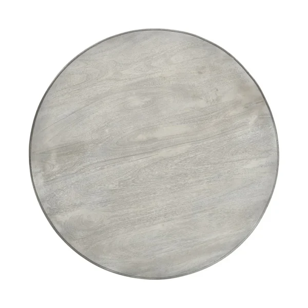 42 Inch Handcrafted Mango Wood Dining Table, Pedestal Base, Round Molded Top, Washed White, Gray