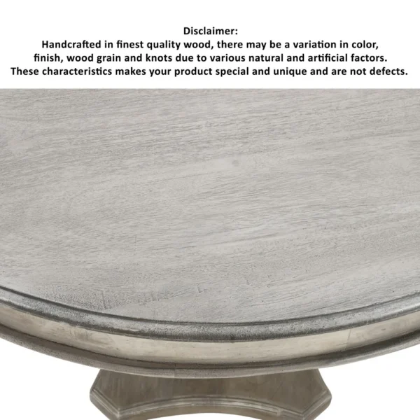 42 Inch Handcrafted Mango Wood Dining Table, Pedestal Base, Round Molded Top, Washed White, Gray