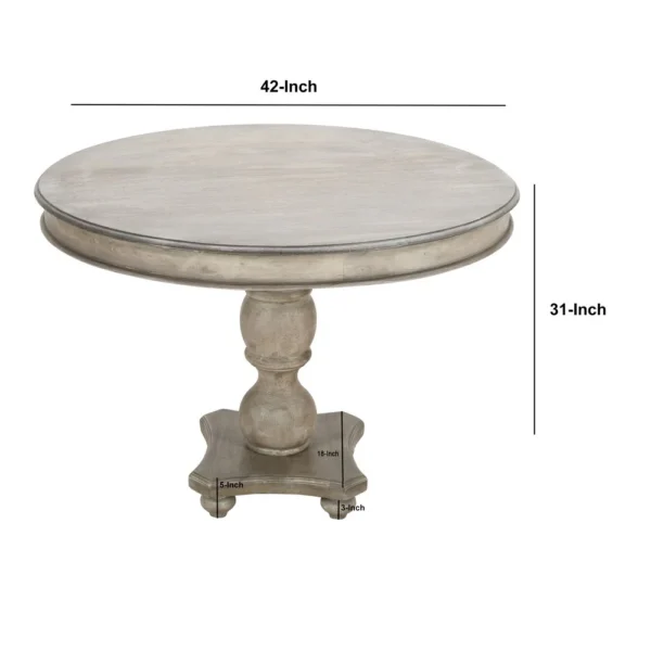 42 Inch Handcrafted Mango Wood Dining Table, Pedestal Base, Round Molded Top, Washed White, Gray