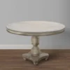 42 Inch Handcrafted Mango Wood Dining Table, Pedestal Base, Round Molded Top, Washed White, Gray