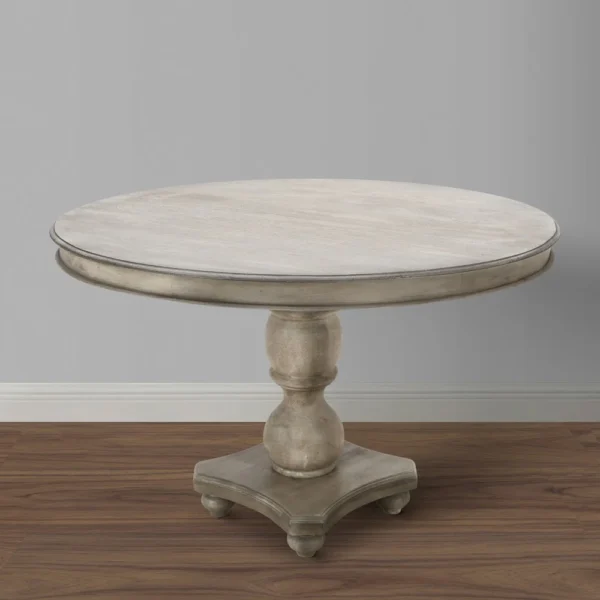 42 Inch Handcrafted Mango Wood Dining Table, Pedestal Base, Round Molded Top, Washed White, Gray