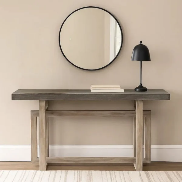 59 Inch Artisan Sideboard Console Table with Geometric Interlocked Base, Distressed Matte Gray