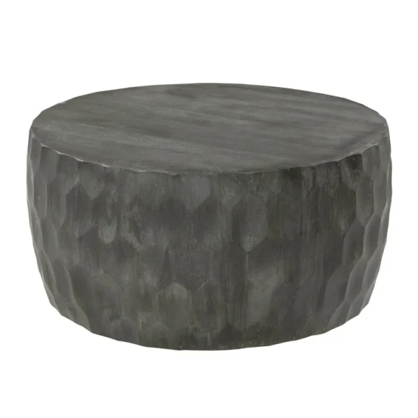 UPT-270557 Val 34 Inch Handcrafted Mango Wood Coffee Table, Hammered Round Drum Shape, Honeycomb, Rustic Gray