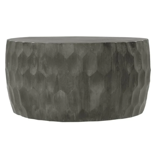 UPT-270557_1 Val 34 Inch Handcrafted Mango Wood Coffee Table, Hammered Round Drum Shape, Honeycomb, Rustic Gray