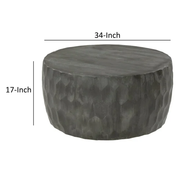 UPT-270557_4 Val 34 Inch Handcrafted Mango Wood Coffee Table, Hammered Round Drum Shape, Honeycomb, Rustic Gray