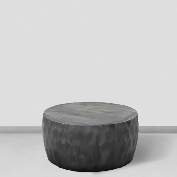 UPT-270557_5 Val 34 Inch Handcrafted Mango Wood Coffee Table, Hammered Round Drum Shape, Honeycomb, Rustic Gray