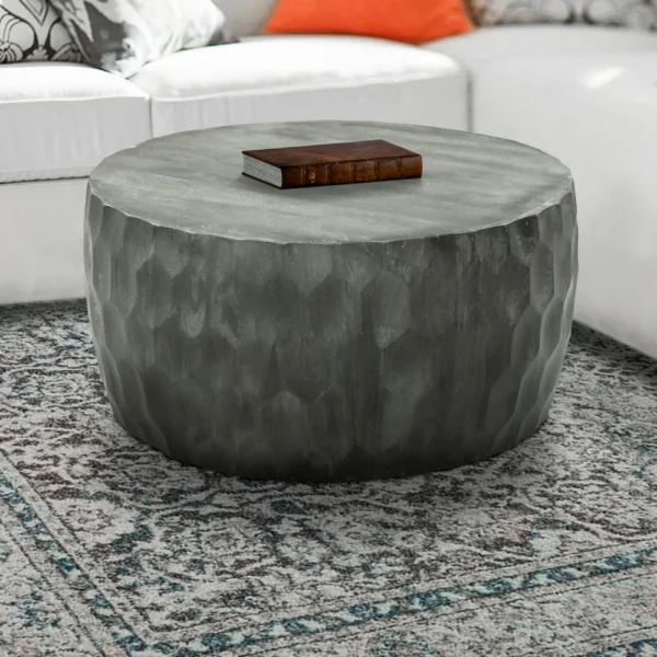 UPT-270557_7 Val 34 Inch Handcrafted Mango Wood Coffee Table, Hammered Round Drum Shape, Honeycomb, Rustic Gray