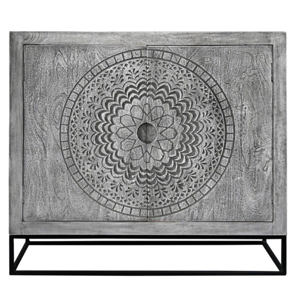 Zera 39 Inch Handcrafted Accent Cabinet with 2 Doors, Medallion Engraved, Sandblasted Gray Mango Wood, Black Iron Framed Stand