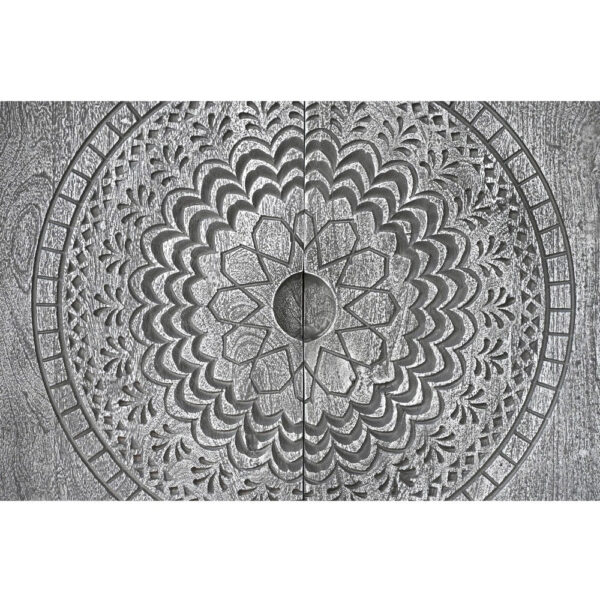 Zera 39 Inch Handcrafted Accent Cabinet with 2 Doors, Medallion Engraved, Sandblasted Gray Mango Wood, Black Iron Framed Stand