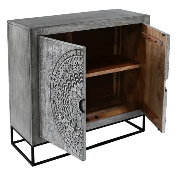 Zera 39 Inch Handcrafted Accent Cabinet with 2 Doors, Medallion Engraved, Sandblasted Gray Mango Wood, Black Iron Framed Stand