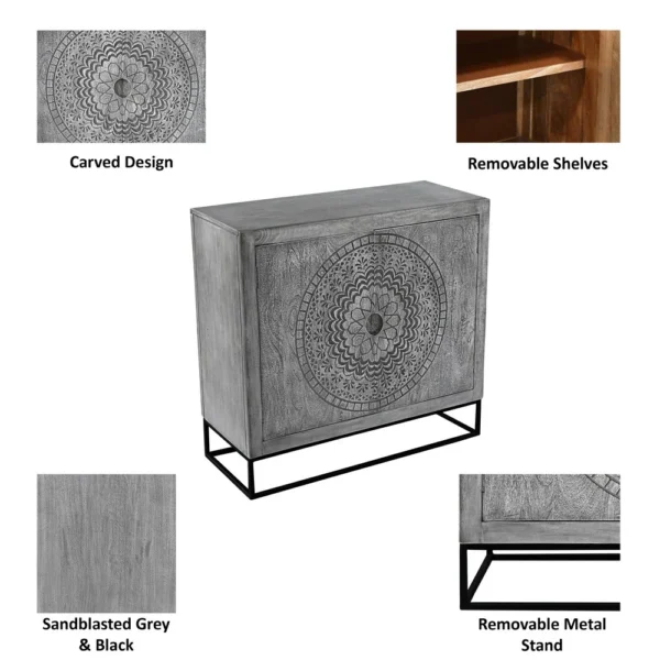 Zera 39 Inch Handcrafted Accent Cabinet with 2 Doors, Medallion Engraved, Sandblasted Gray Mango Wood, Black Iron Framed Stand
