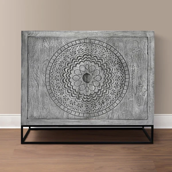 Zera 39 Inch Handcrafted Accent Cabinet with 2 Doors, Medallion Engraved, Sandblasted Gray Mango Wood, Black Iron Framed Stand