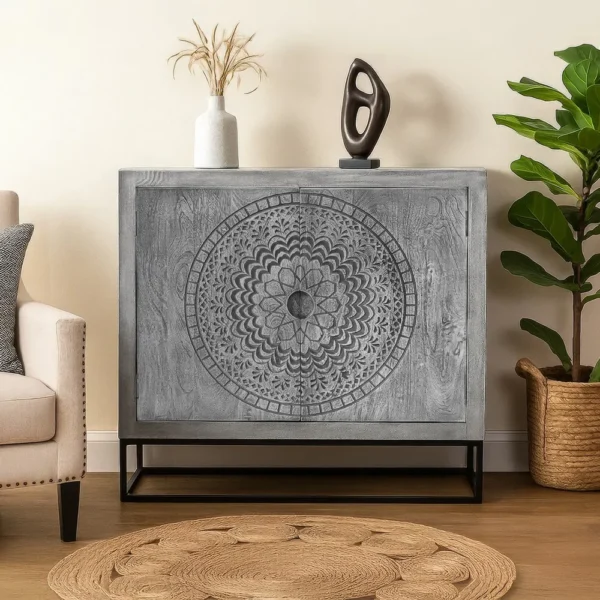 Zera 39 Inch Handcrafted Accent Cabinet with 2 Doors, Medallion Engraved, Sandblasted Gray Mango Wood, Black Iron Framed Stand