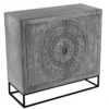 Zera 39 Inch Handcrafted Accent Cabinet with 2 Doors, Medallion Engraved, Sandblasted Gray Mango Wood, Black Iron Framed Stand