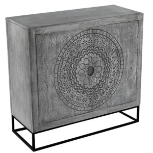 Zera 39 Inch Handcrafted Accent Cabinet with 2 Doors, Medallion Engraved, Sandblasted Gray Mango Wood, Black Iron Framed Stand