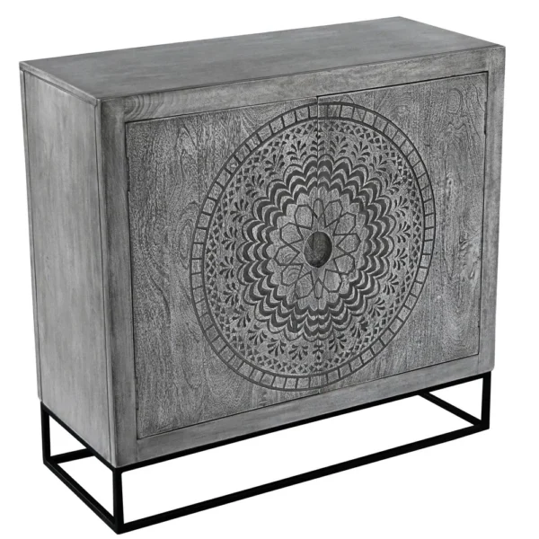 Zera 39 Inch Handcrafted Accent Cabinet with 2 Doors, Medallion Engraved, Sandblasted Gray Mango Wood, Black Iron Framed Stand