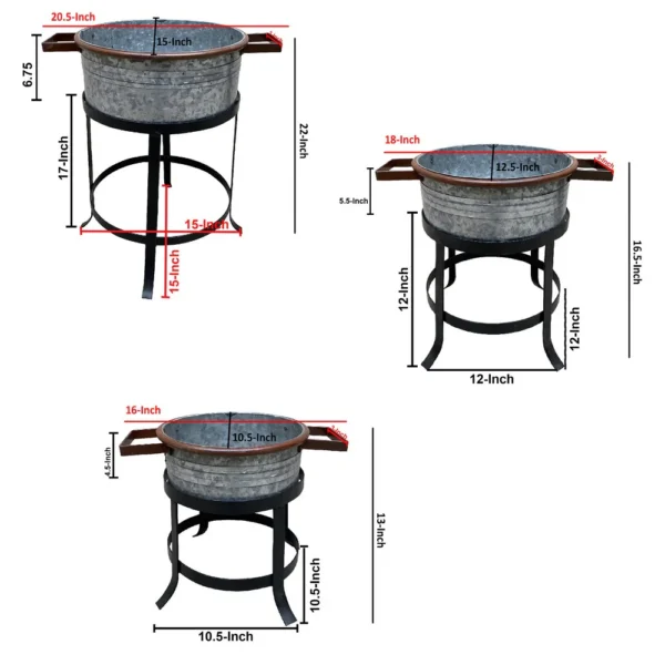 UPT-271316_11_1b7cebd0-6398-4d54-8d5b-234c19c9816f 21, 18, and 16 Inch 3 Piece Round Tub Metal Planter Set with Stand in Galvanized Gray and Black Iron