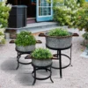 UPT-271316_14_67c23874-6234-42e0-bf09-110ff8d2943b 21, 18, and 16 Inch 3 Piece Round Tub Metal Planter Set with Stand in Galvanized Gray and Black Iron