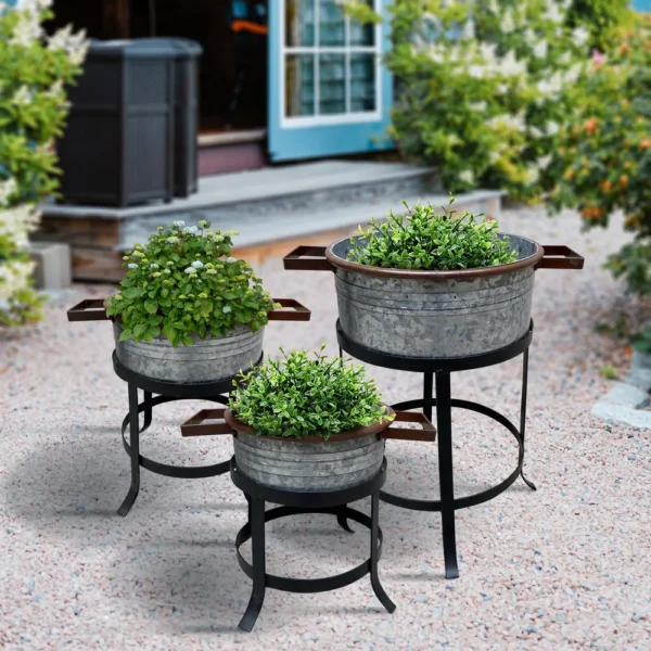 UPT-271316_14_67c23874-6234-42e0-bf09-110ff8d2943b 21, 18, and 16 Inch 3 Piece Round Tub Metal Planter Set with Stand in Galvanized Gray and Black Iron