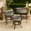 UPT-271316_15 21, 18, and 16 Inch 3 Piece Round Tub Metal Planter Set with Stand in Galvanized Gray and Black Iron